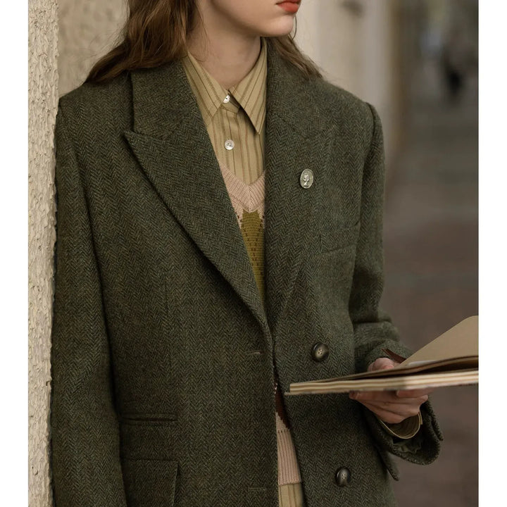 solovedress SoloveDress Women’s Olive Green Herringbone Blazer