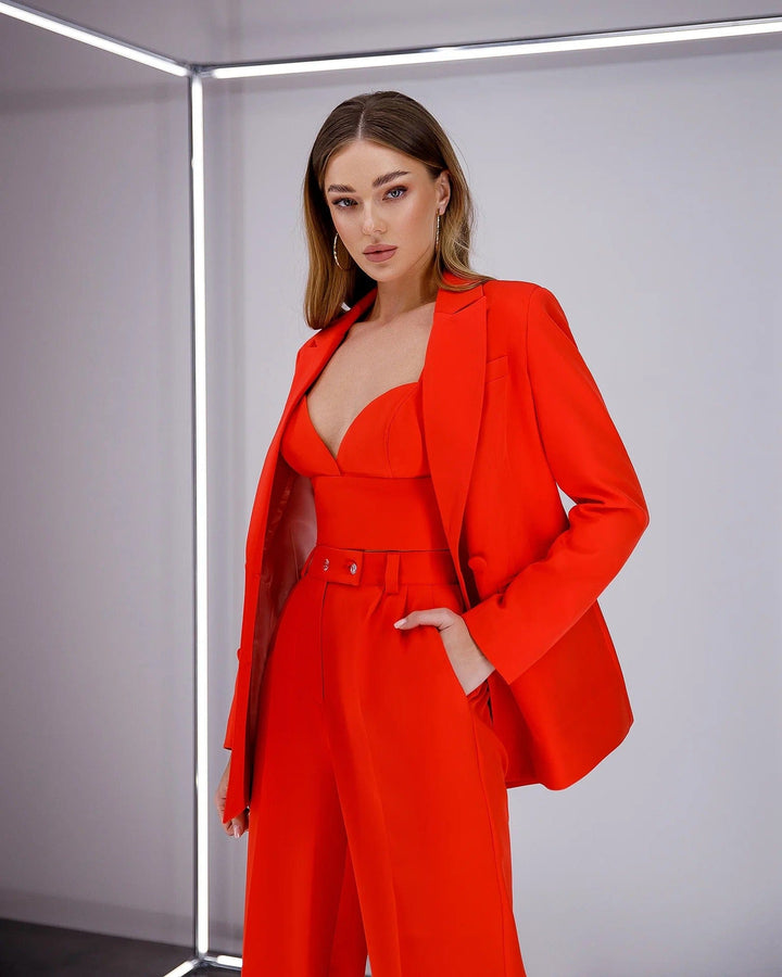 solovedress SoloveDress Women's Red 3-Piece Suit Set – Blazer, Tube Top & Pants