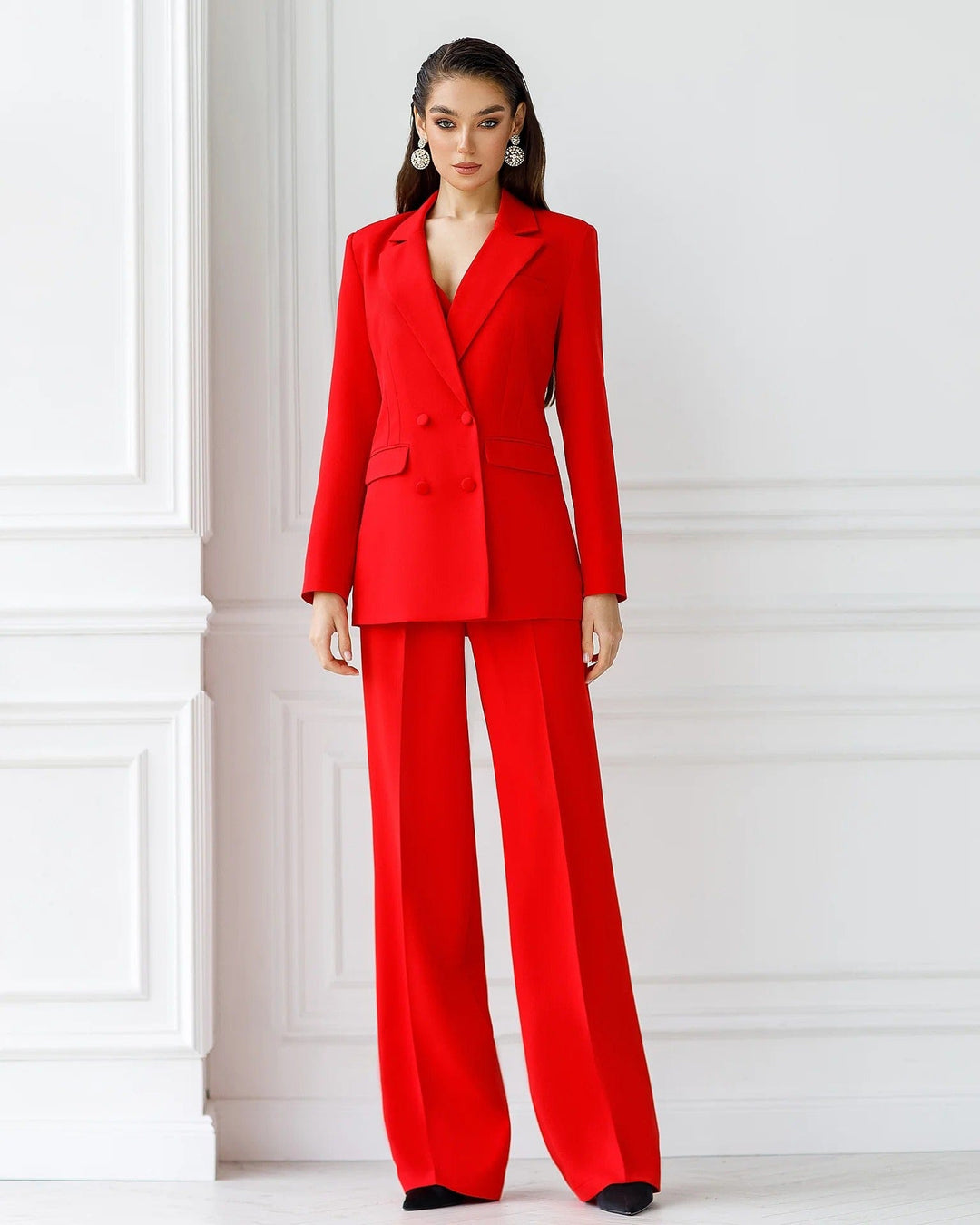 solovedress SoloveDress Women's Red 3-Piece Suit Set – Blazer, Tube Top & Pants