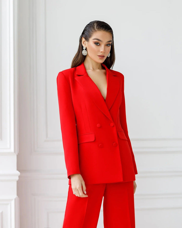 solovedress SoloveDress Women's Red 3-Piece Suit Set – Blazer, Tube Top & Pants