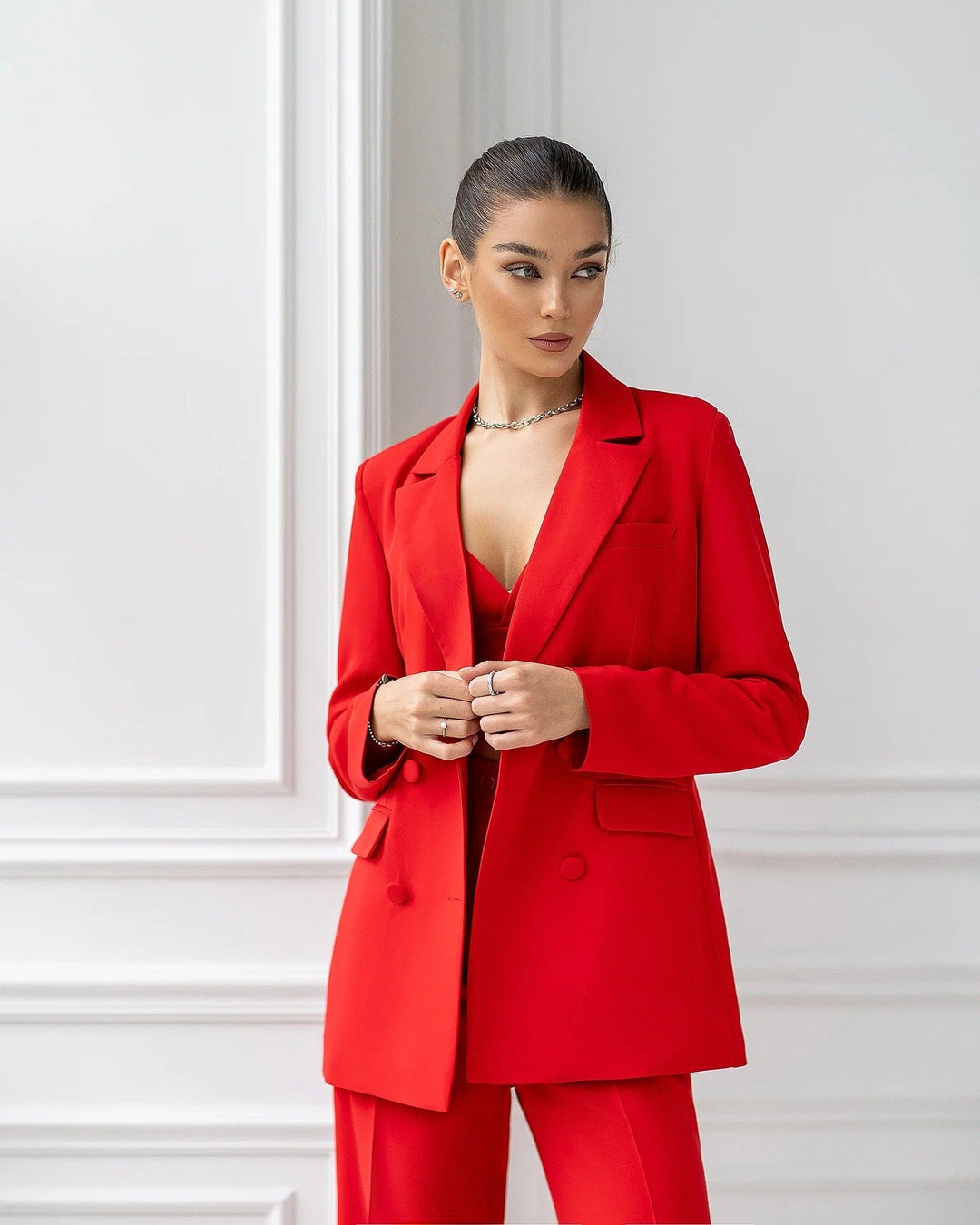 solovedress SoloveDress Women's Red 3-Piece Suit Set – Blazer, Tube Top & Pants