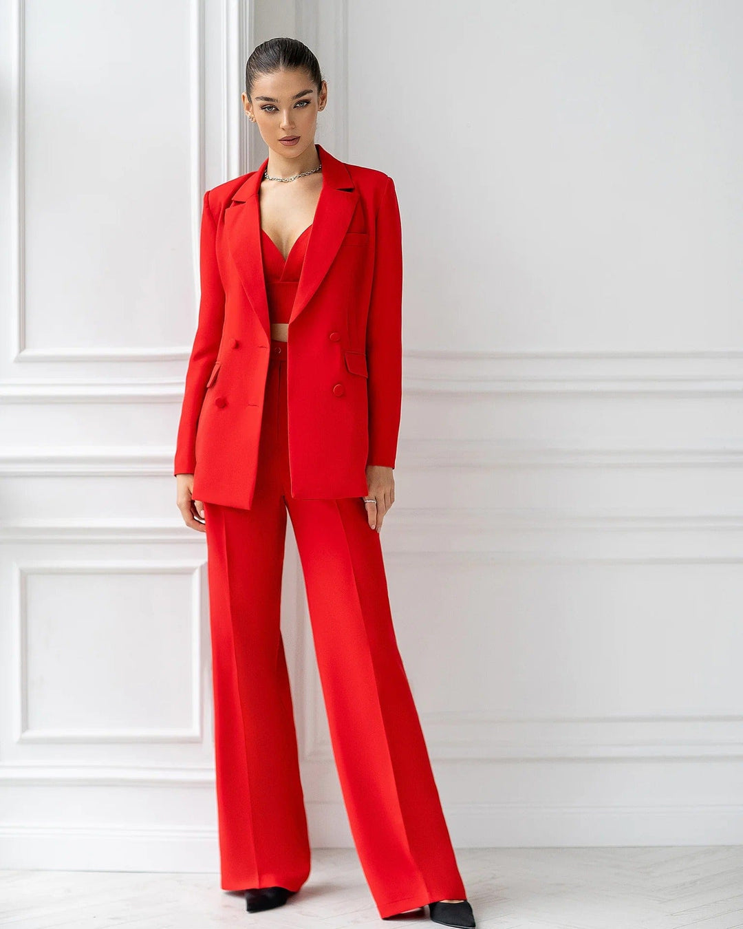 solovedress SoloveDress Women's Red 3-Piece Suit Set – Blazer, Tube Top & Pants