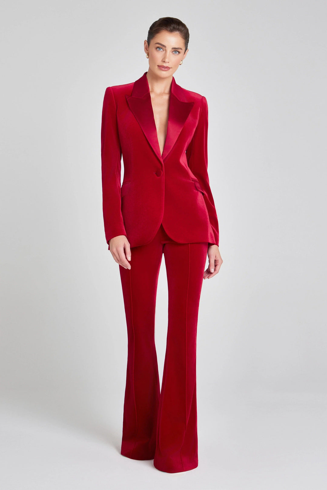 solovedress SoloveDress Women’s Red Velvet Two-Piece Suit – Blazer with Satin Lapel and Pants