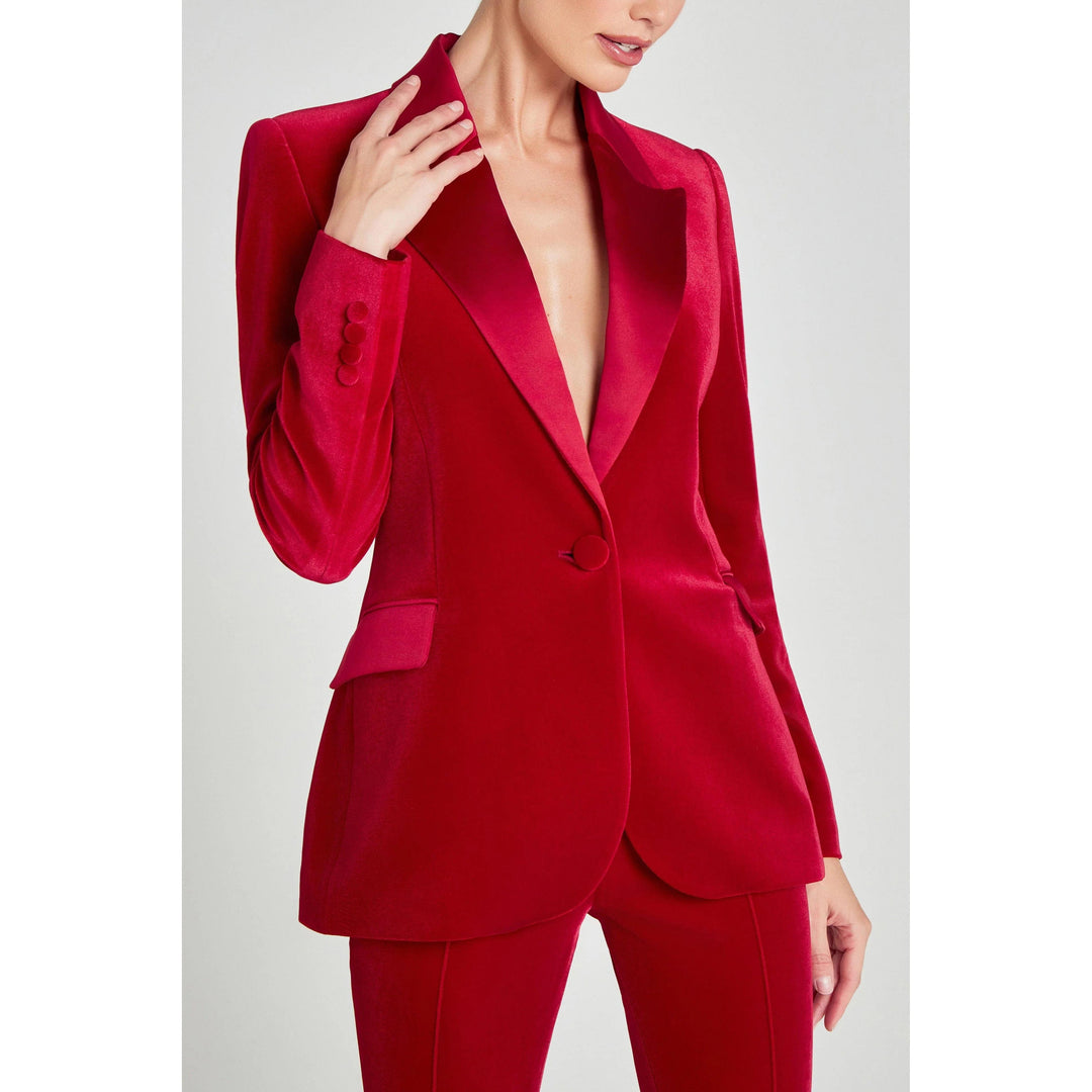 solovedress SoloveDress Women’s Red Velvet Two-Piece Suit – Blazer with Satin Lapel and Pants