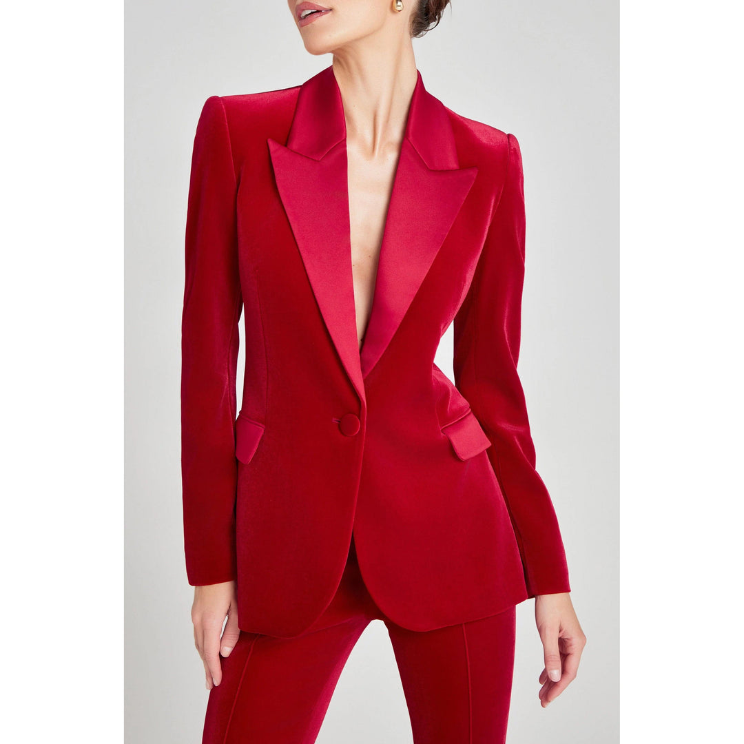 solovedress SoloveDress Women’s Red Velvet Two-Piece Suit – Blazer with Satin Lapel and Pants