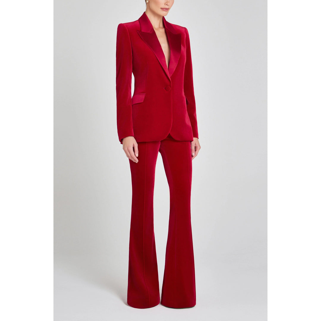 solovedress SoloveDress Women’s Red Velvet Two-Piece Suit – Blazer with Satin Lapel and Pants