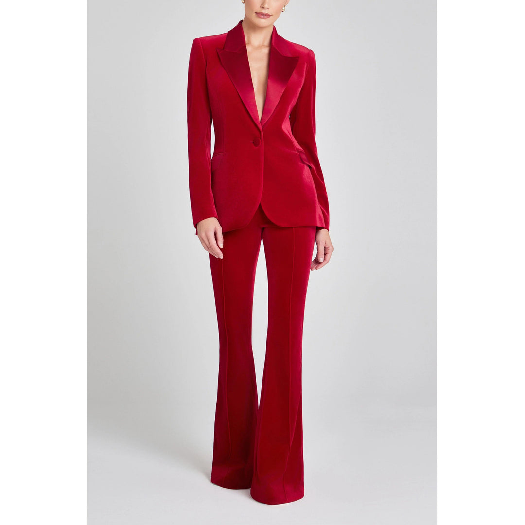 solovedress SoloveDress Women’s Red Velvet Two-Piece Suit – Blazer with Satin Lapel and Pants