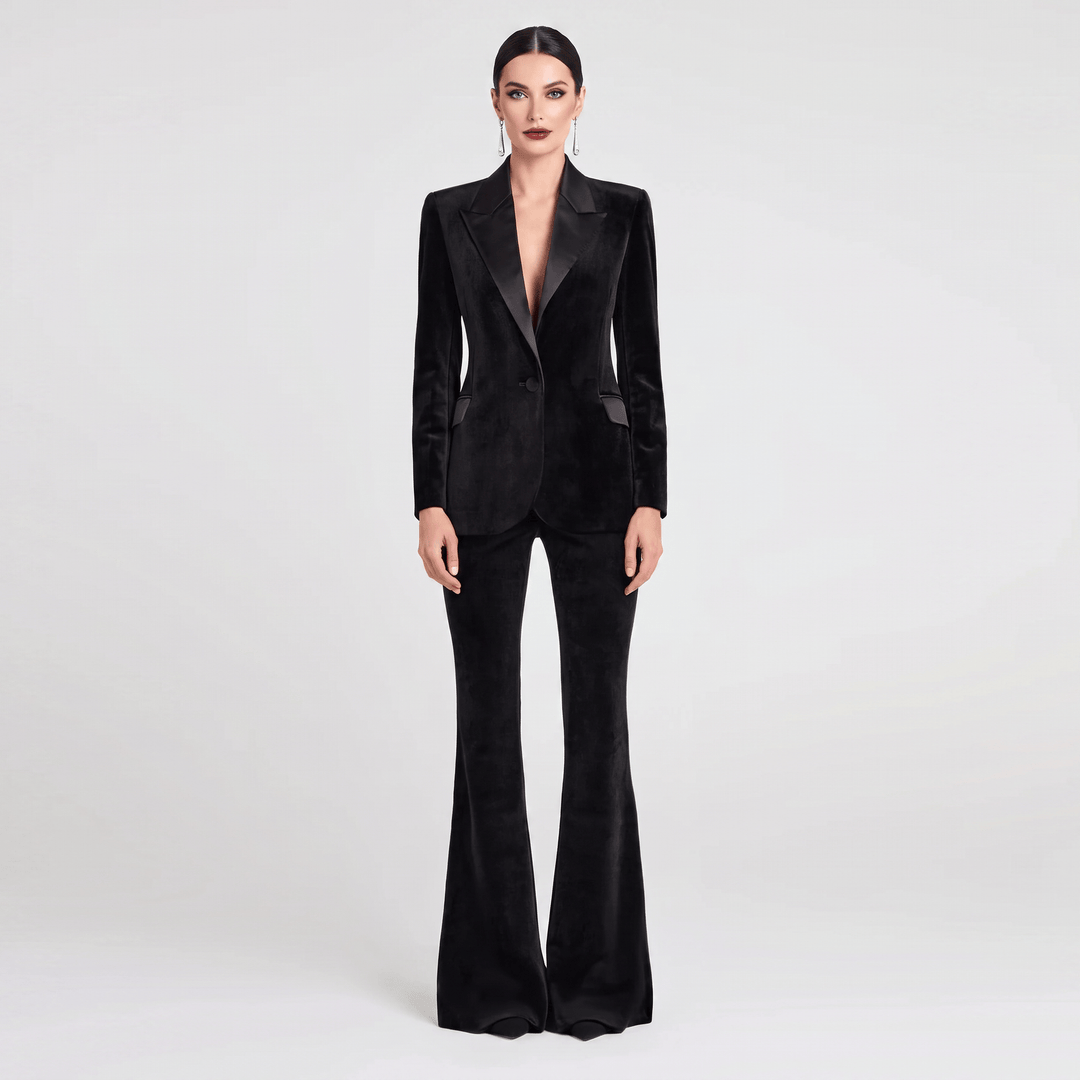 SoloveDress SoloveDress Women's Solid Satin Suit 2 Pieces Peak Lapel Women's Suits (Blazer+Pants)