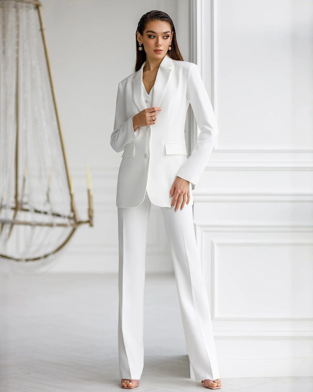 solovedress SoloveDress Women’s White 3-Piece Suit Set – Blazer, Vest and Pants