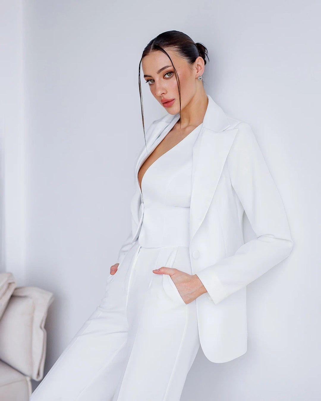 solovedress SoloveDress Women’s White 3-Piece Suit Set – Blazer, Vest and Pants with Satin Lapel