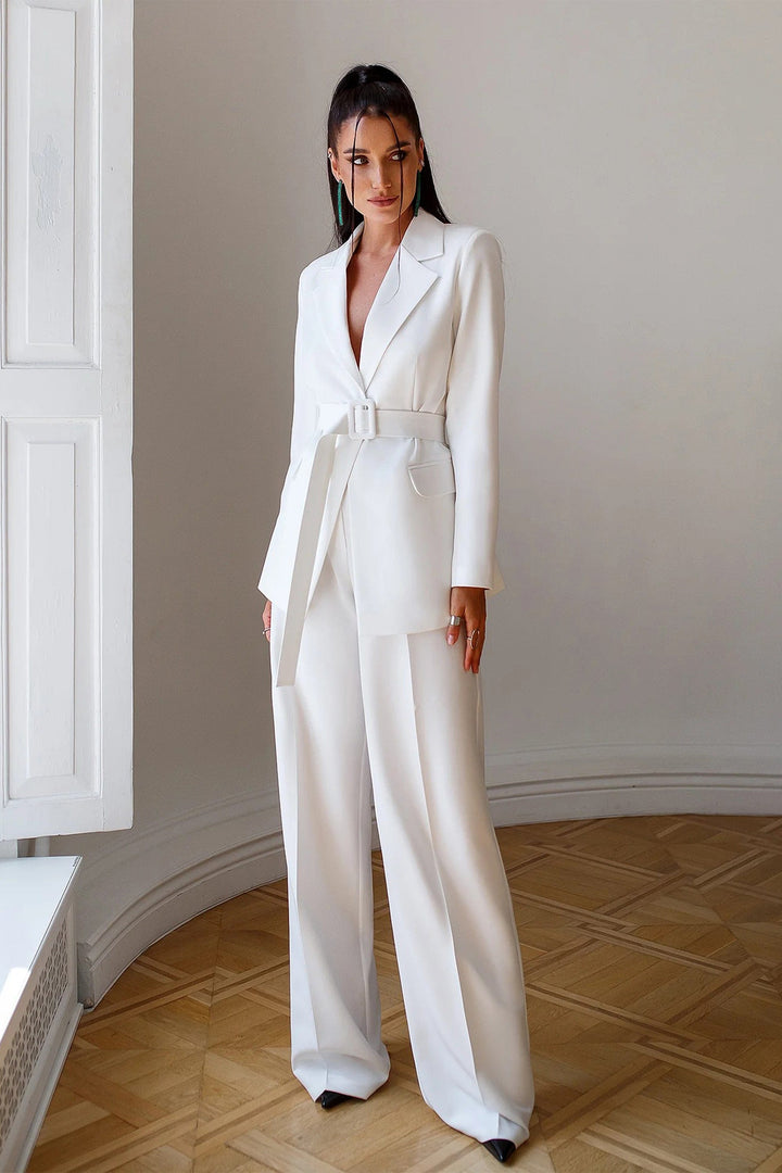 solovedress SoloveDress Women’s White Belted Peak Lapel Suit Set – Blazer & Pants