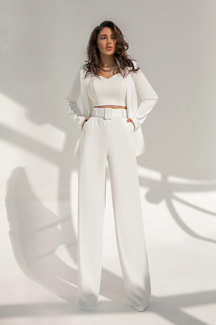 solovedress SoloveDress Women’s White Belted Peak Lapel Suit Set – Blazer & Pants