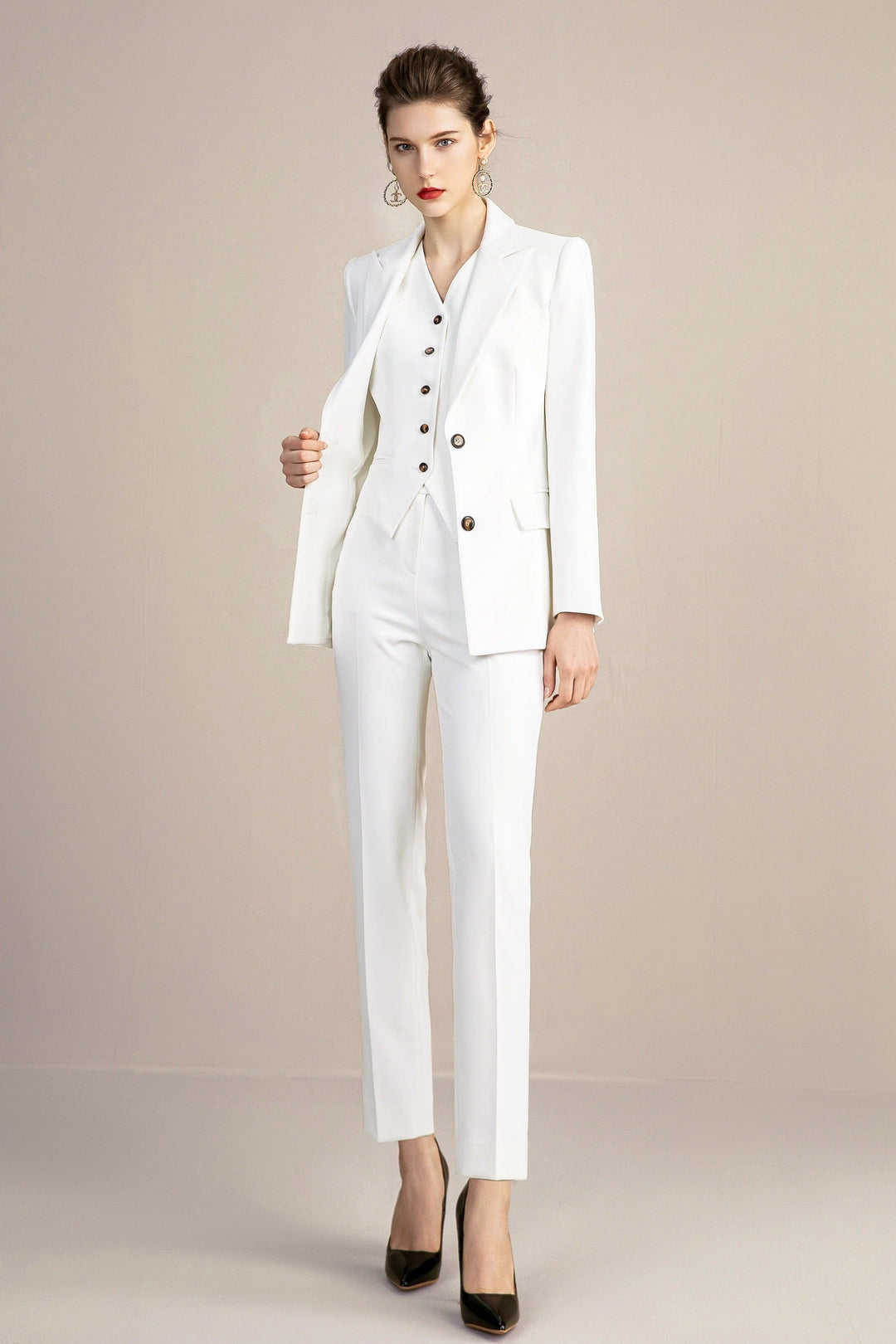 solovedress White 3 Pieces Slim Fit Peak Lapel Women Suit (Blazer+Vest+Pants)