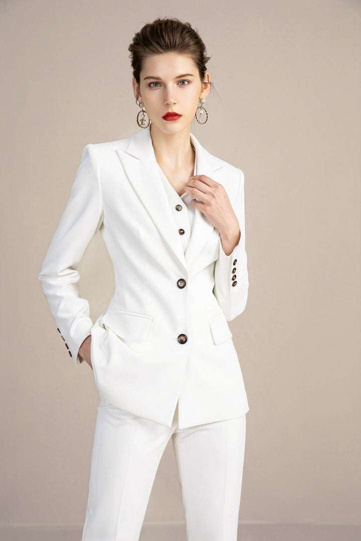 solovedress White 3 Pieces Slim Fit Peak Lapel Women Suit (Blazer+Vest+Pants)