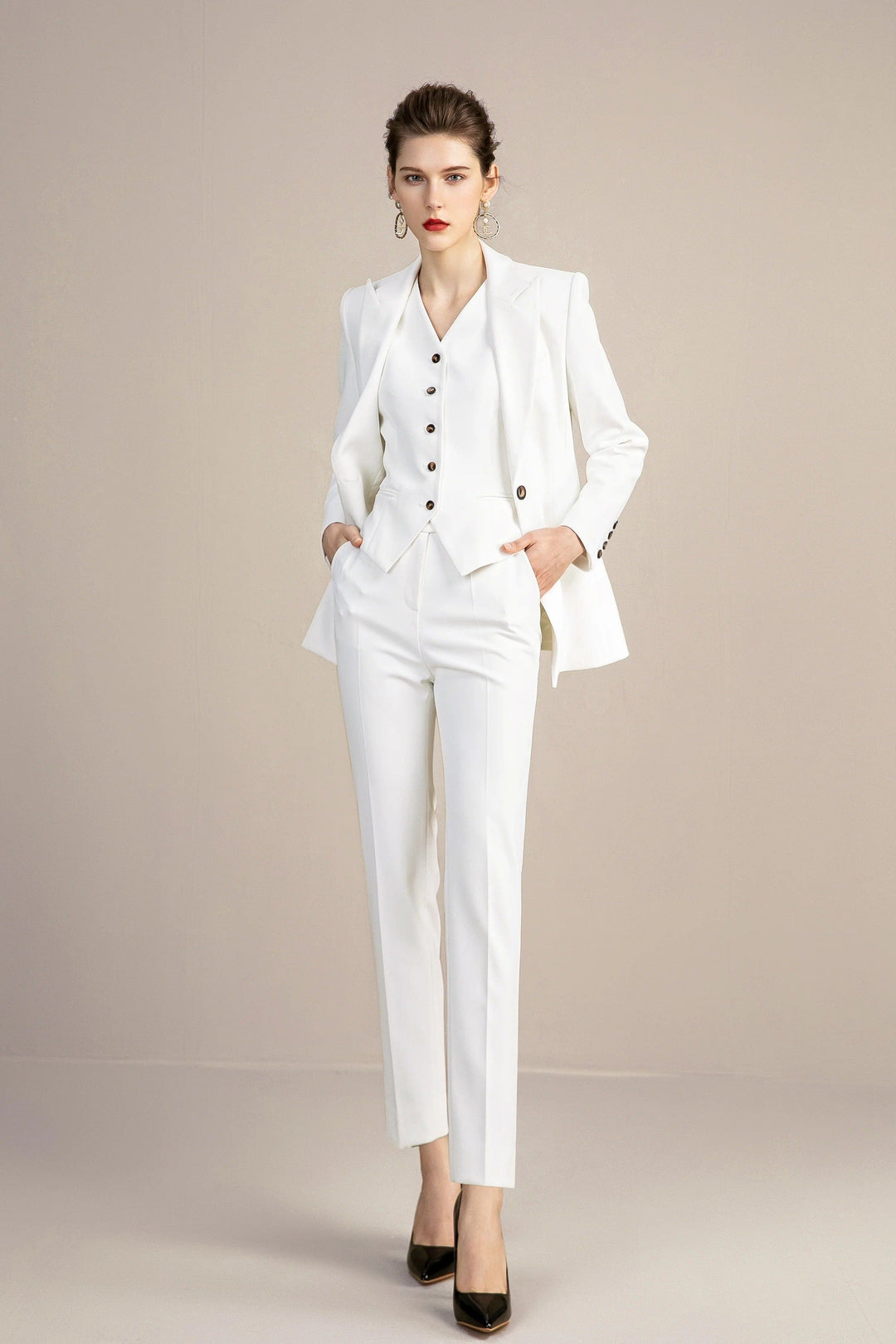 solovedress White 3 Pieces Slim Fit Peak Lapel Women Suit (Blazer+Vest+Pants)