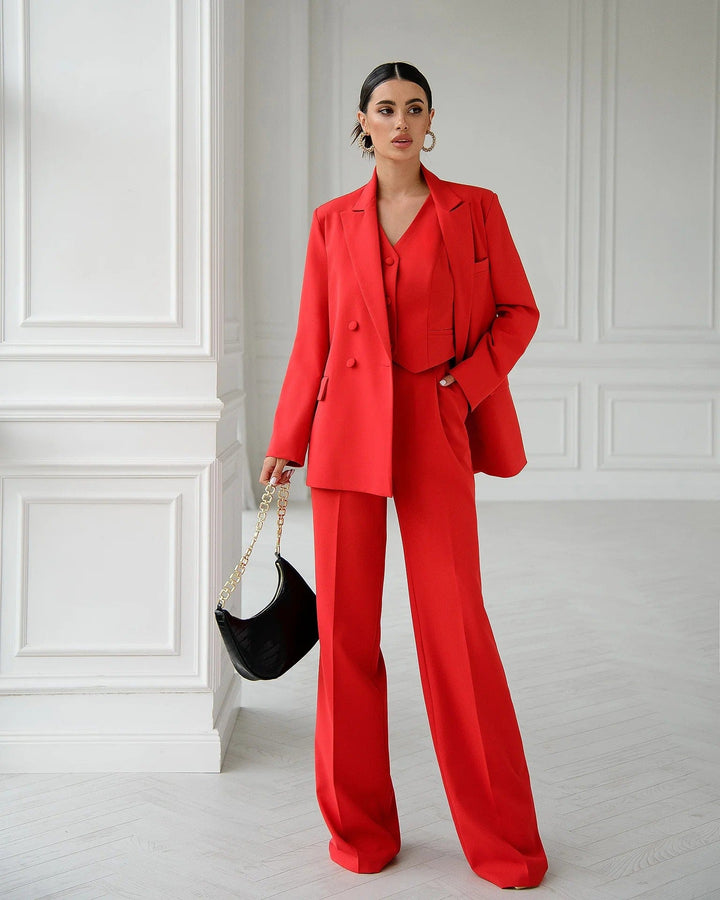 solovedress Women Red Three Piece Suit Blazer Vest and Pants with Peak Lapel