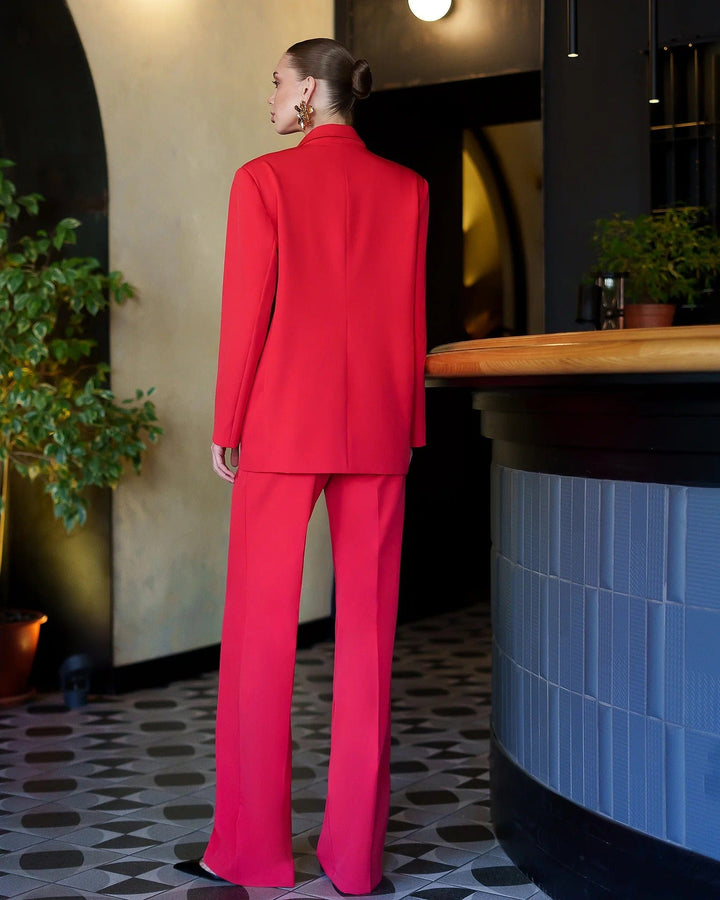 solovedress Women Red Three Piece Suit Blazer Vest and Pants with Peak Lapel