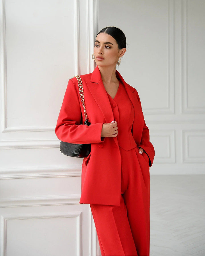 solovedress Women Red Three Piece Suit Blazer Vest and Pants with Peak Lapel