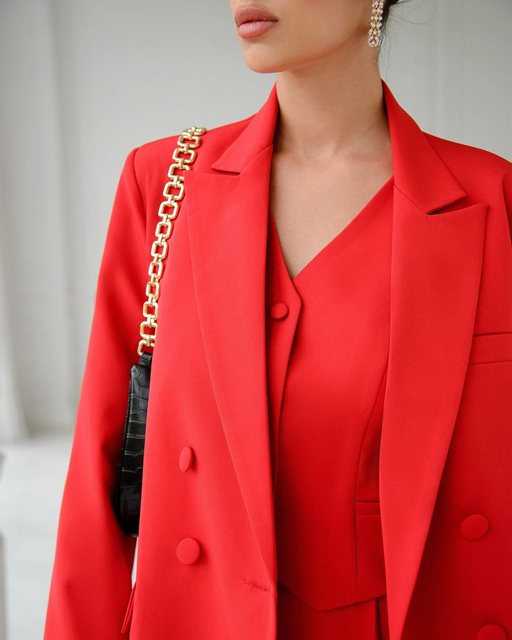 solovedress Women Red Three Piece Suit Blazer Vest and Pants with Peak Lapel