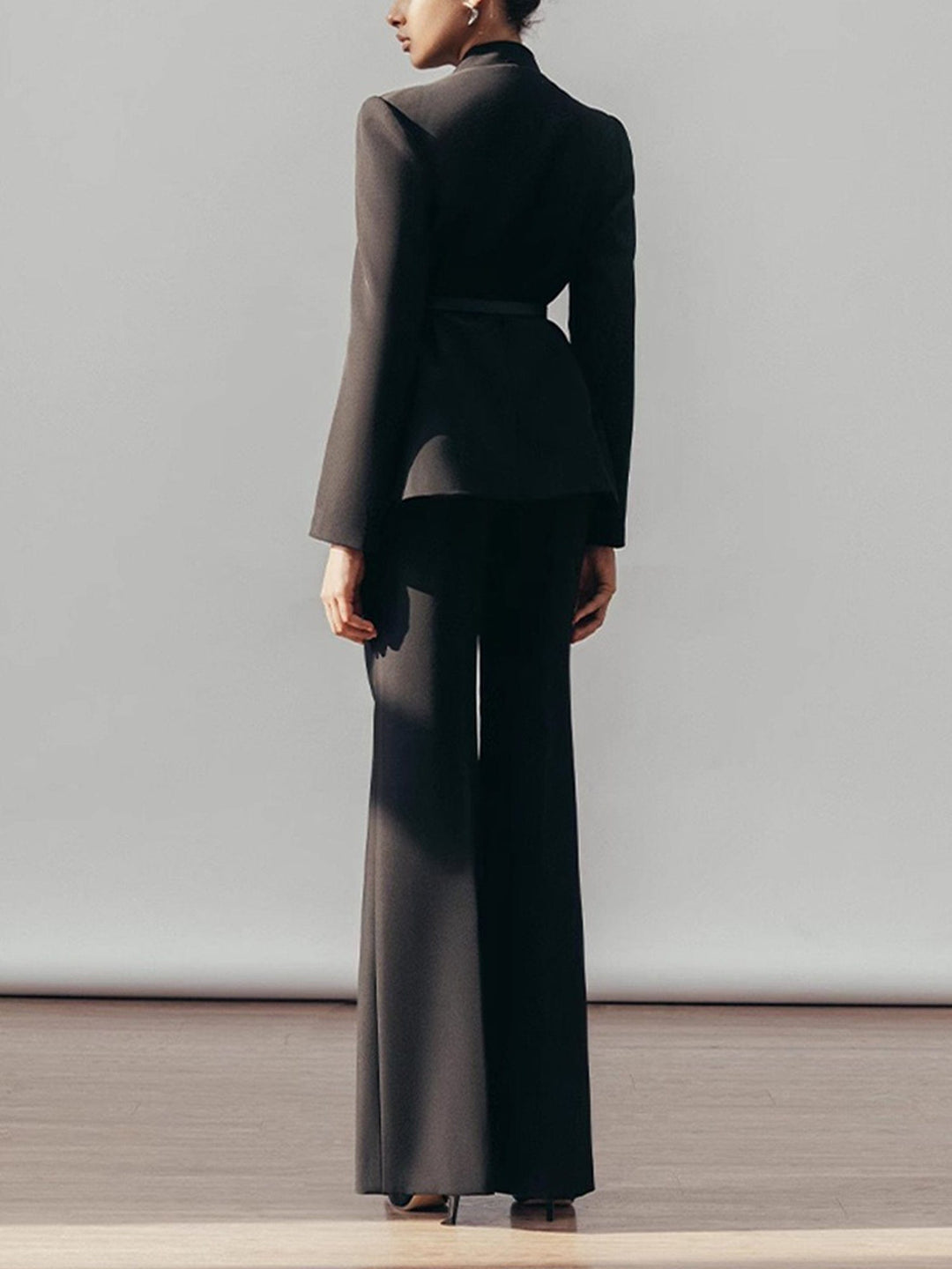 solovedress Women’s Black Belted Blazer Pants Suit – Elegant Wide-Leg Two Piece