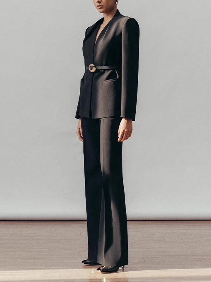 solovedress Women’s Black Belted Blazer Pants Suit – Elegant Wide-Leg Two Piece
