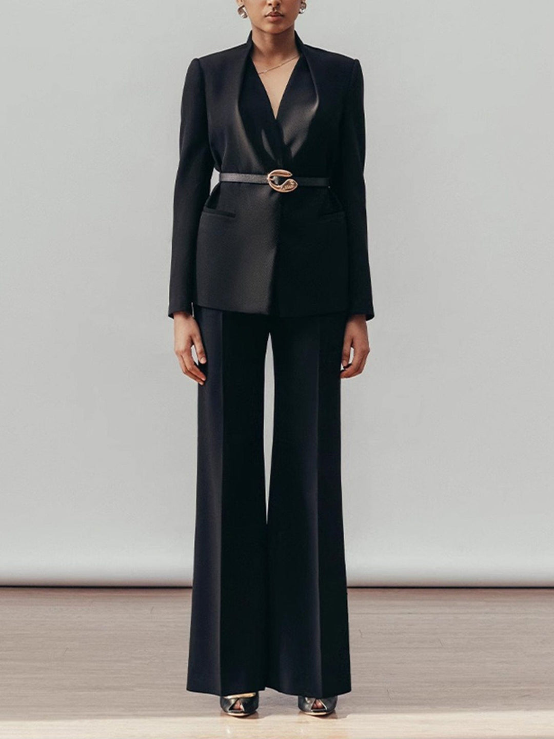 solovedress Women’s Black Belted Blazer Pants Suit – Elegant Wide-Leg Two Piece