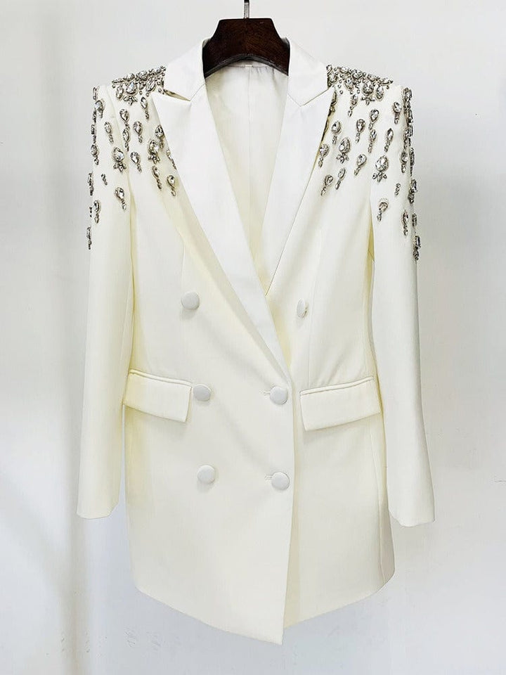 solovedress Women's Black Long Slim Fit Blazer with Handcrafted Rhinestone Detailing