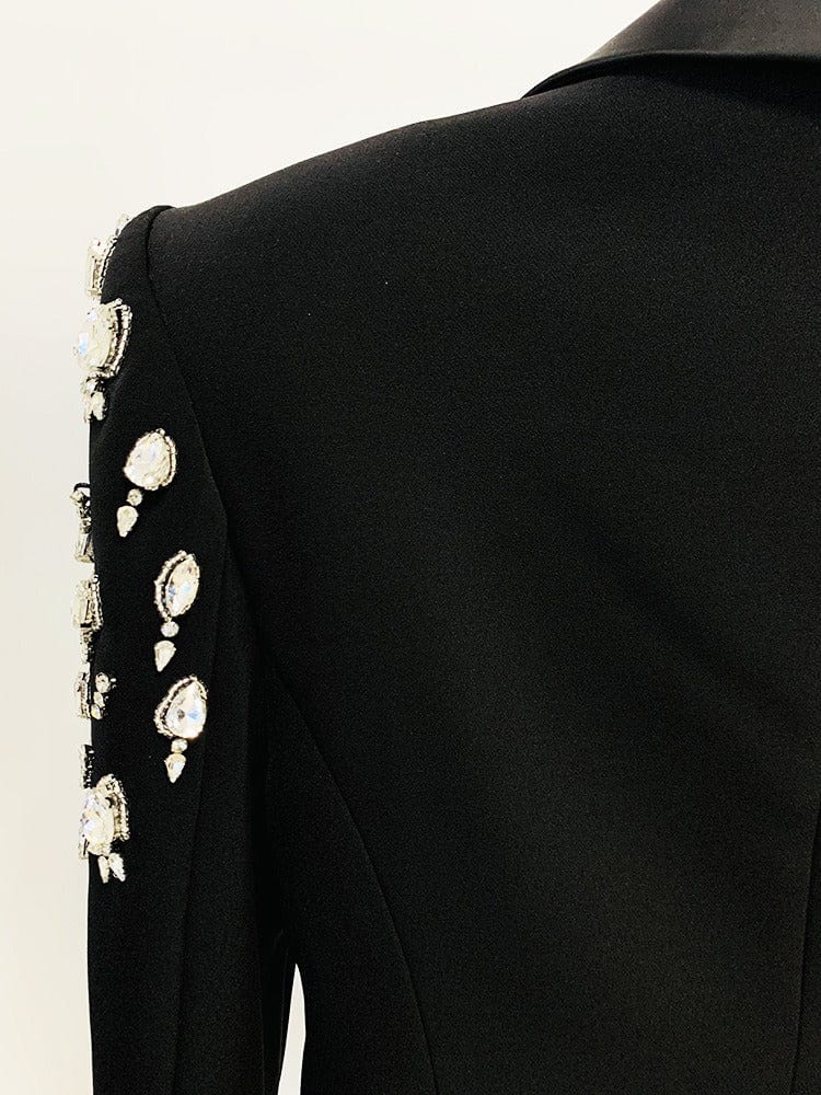 solovedress Women's Black Long Slim Fit Blazer with Handcrafted Rhinestone Detailing