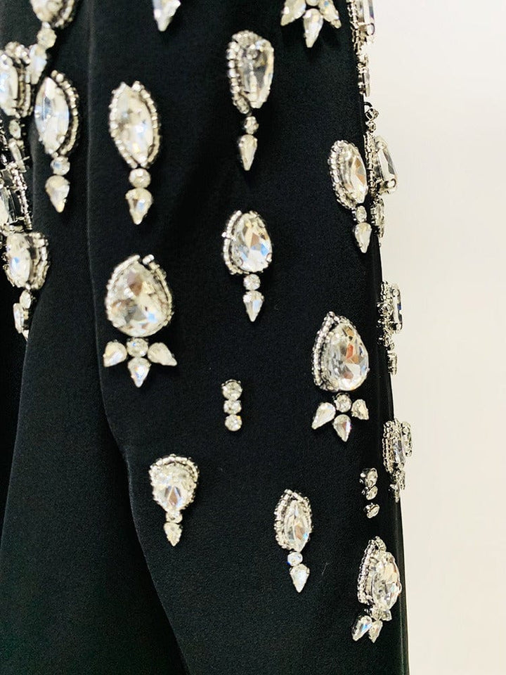 solovedress Women's Black Long Slim Fit Blazer with Handcrafted Rhinestone Detailing