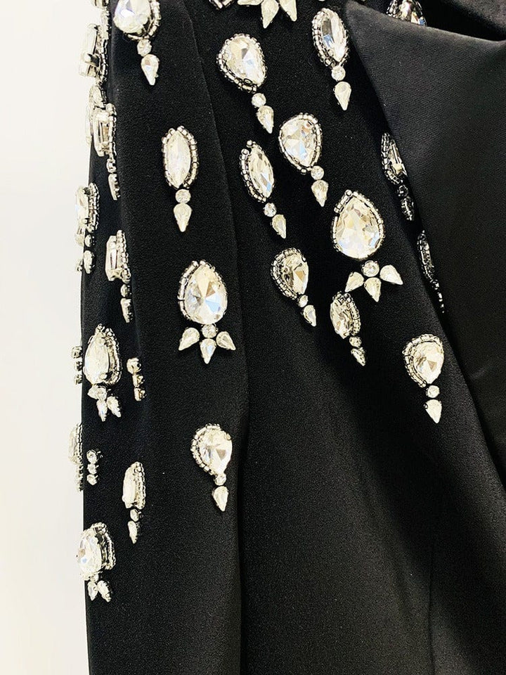 solovedress Women's Black Long Slim Fit Blazer with Handcrafted Rhinestone Detailing