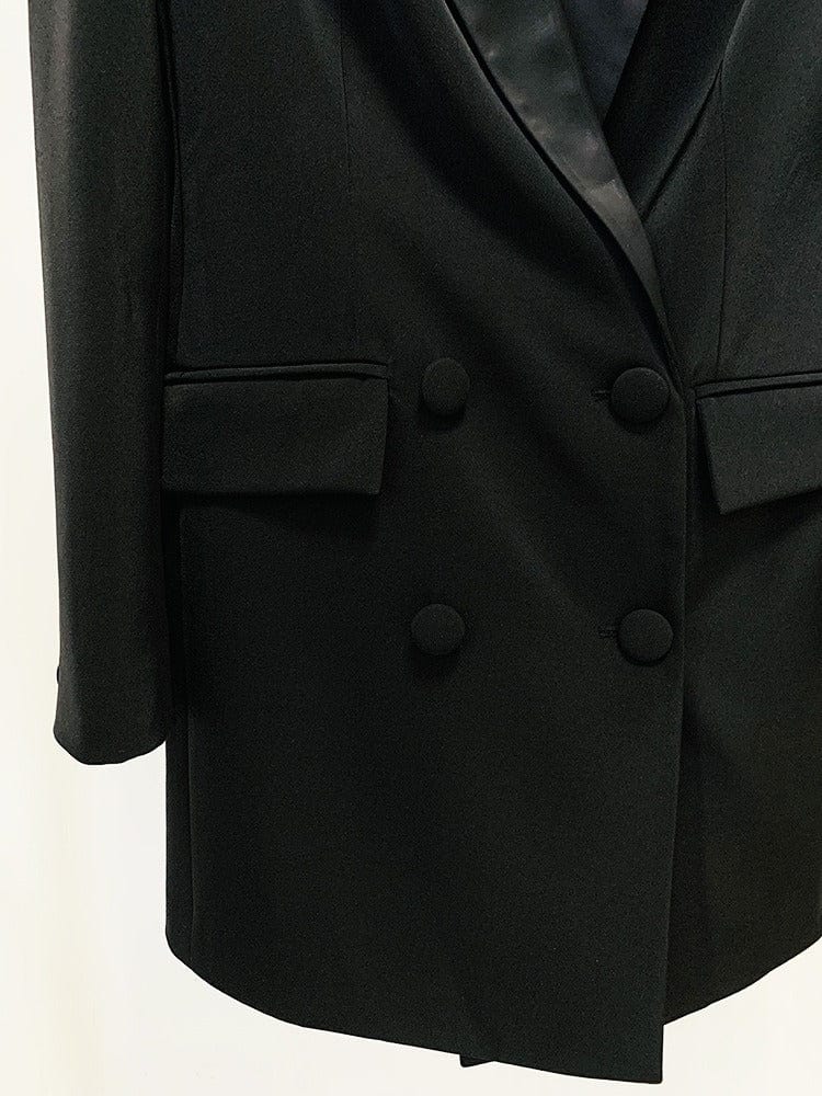 solovedress Women's Black Long Slim Fit Blazer with Handcrafted Rhinestone Detailing