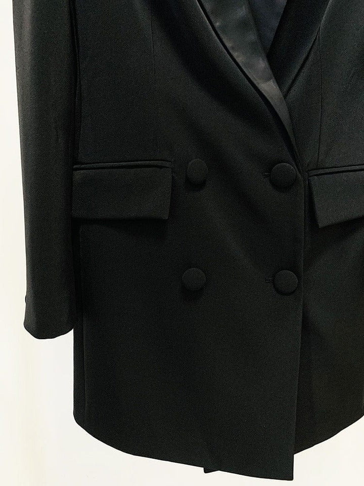 solovedress Women's Black Long Slim Fit Blazer with Handcrafted Rhinestone Detailing