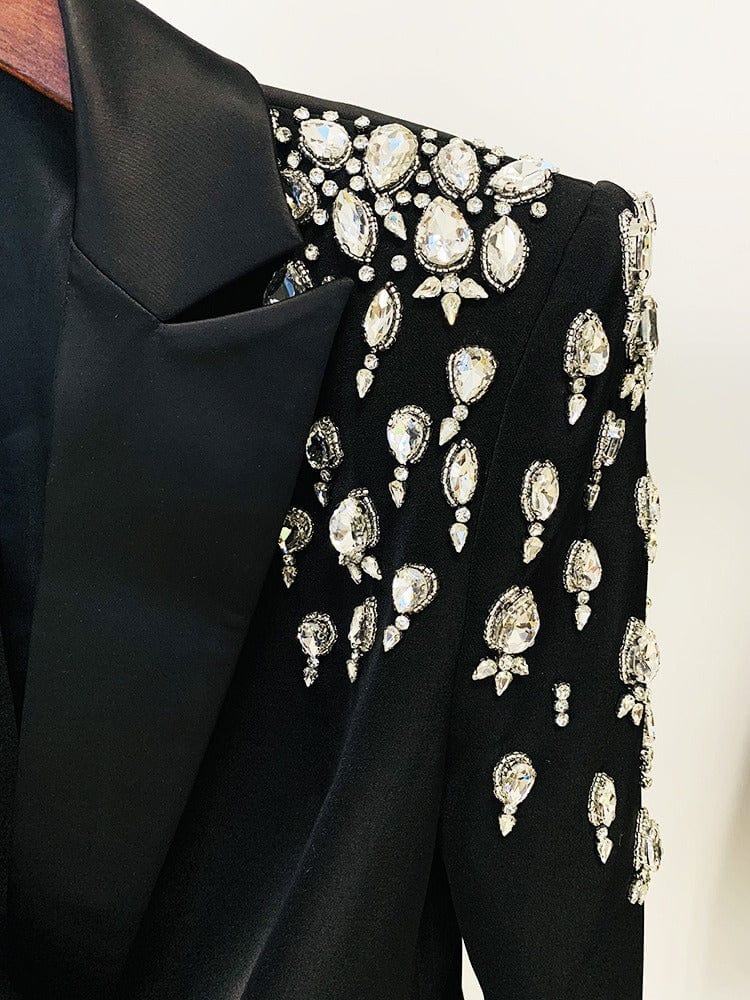 solovedress Women's Black Long Slim Fit Blazer with Handcrafted Rhinestone Detailing