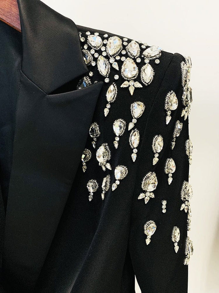 solovedress Women's Black Long Slim Fit Blazer with Handcrafted Rhinestone Detailing