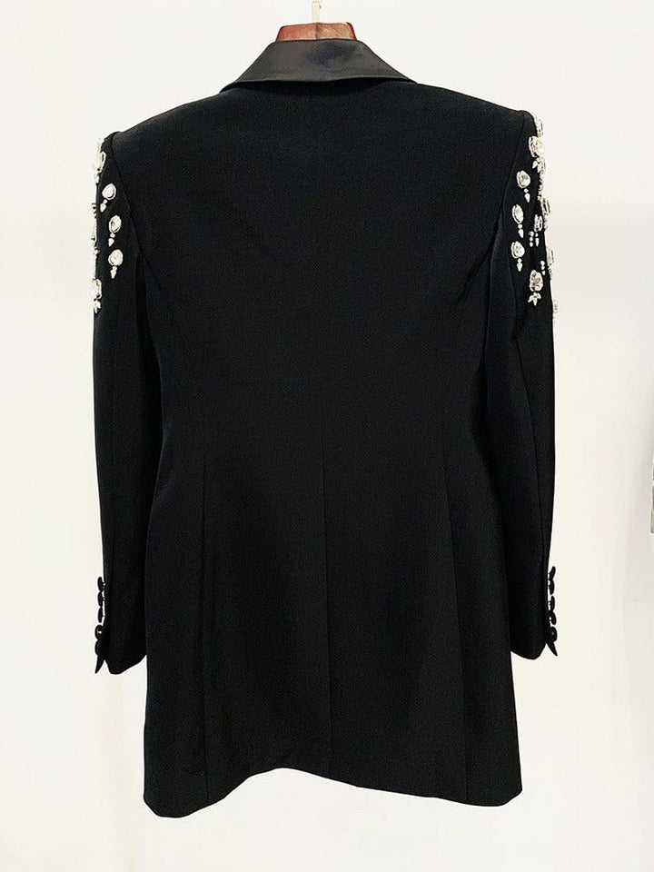 solovedress Women's Black Long Slim Fit Blazer with Handcrafted Rhinestone Detailing