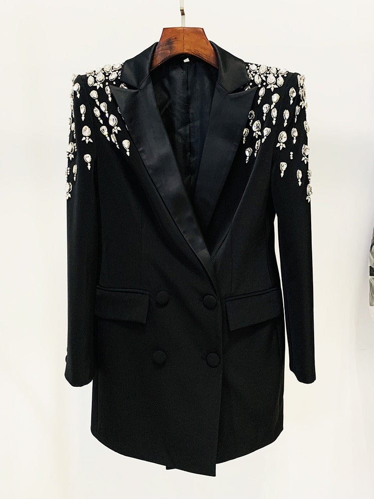 solovedress Women's Black Long Slim Fit Blazer with Handcrafted Rhinestone Detailing