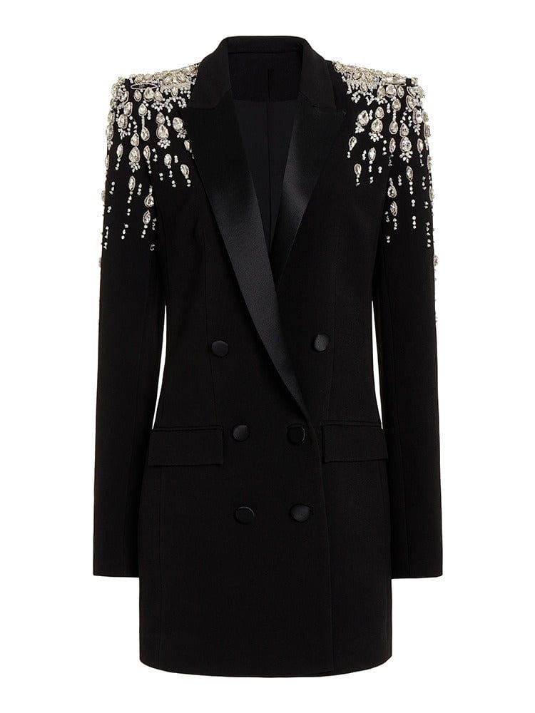 solovedress Women's Black Long Slim Fit Blazer with Handcrafted Rhinestone Detailing