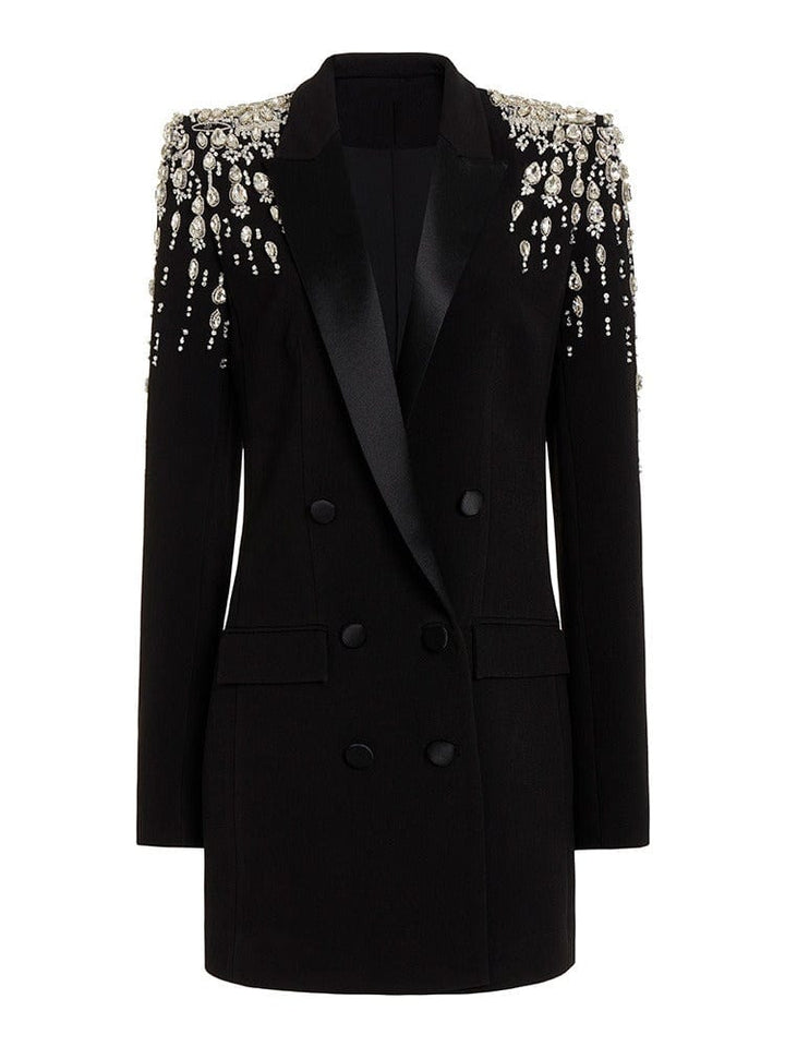 solovedress Women's Black Long Slim Fit Blazer with Handcrafted Rhinestone Detailing
