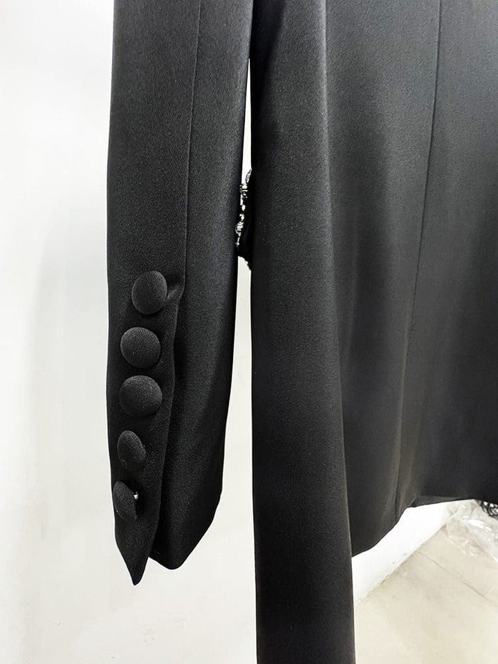 solovedress Women's Black Mid-Length Slim Fit Blazer with Rhinestone Embellishment