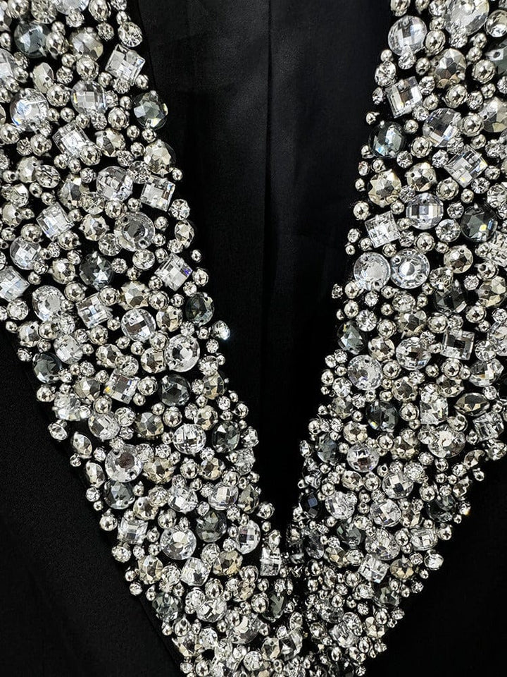 solovedress Women's Black Mid-Length Slim Fit Blazer with Rhinestone Embellishment