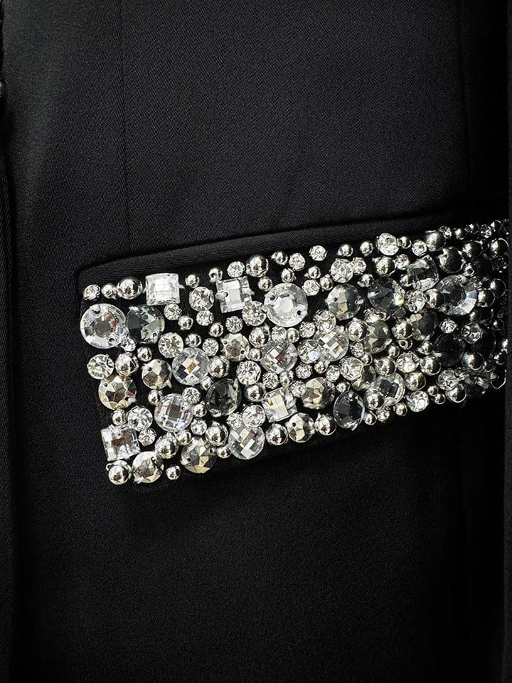 solovedress Women's Black Mid-Length Slim Fit Blazer with Rhinestone Embellishment