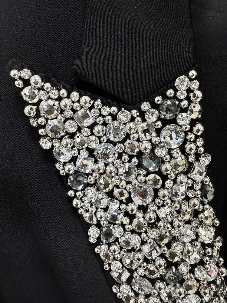 solovedress Women's Black Mid-Length Slim Fit Blazer with Rhinestone Embellishment