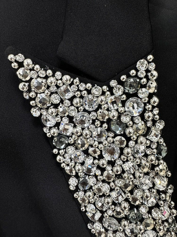 solovedress Women's Black Mid-Length Slim Fit Blazer with Rhinestone Embellishment