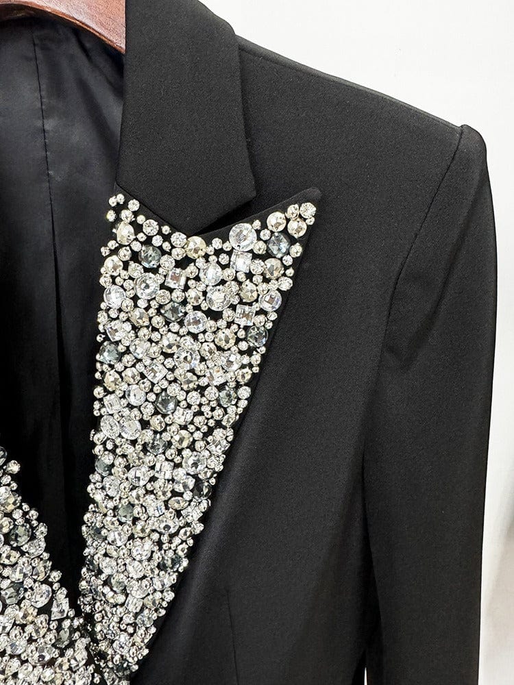 solovedress Women's Black Mid-Length Slim Fit Blazer with Rhinestone Embellishment