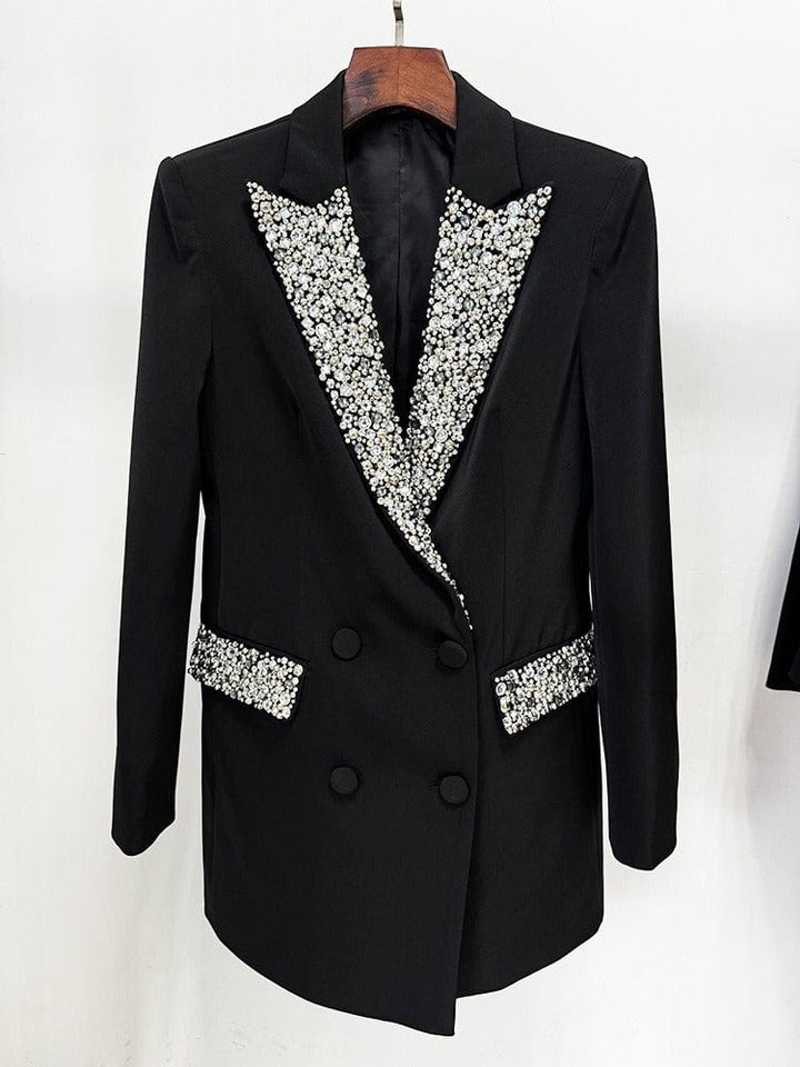 solovedress Women's Black Mid-Length Slim Fit Blazer with Rhinestone Embellishment