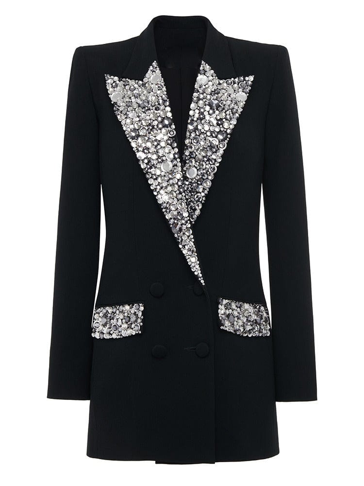 solovedress Women's Black Mid-Length Slim Fit Blazer with Rhinestone Embellishment