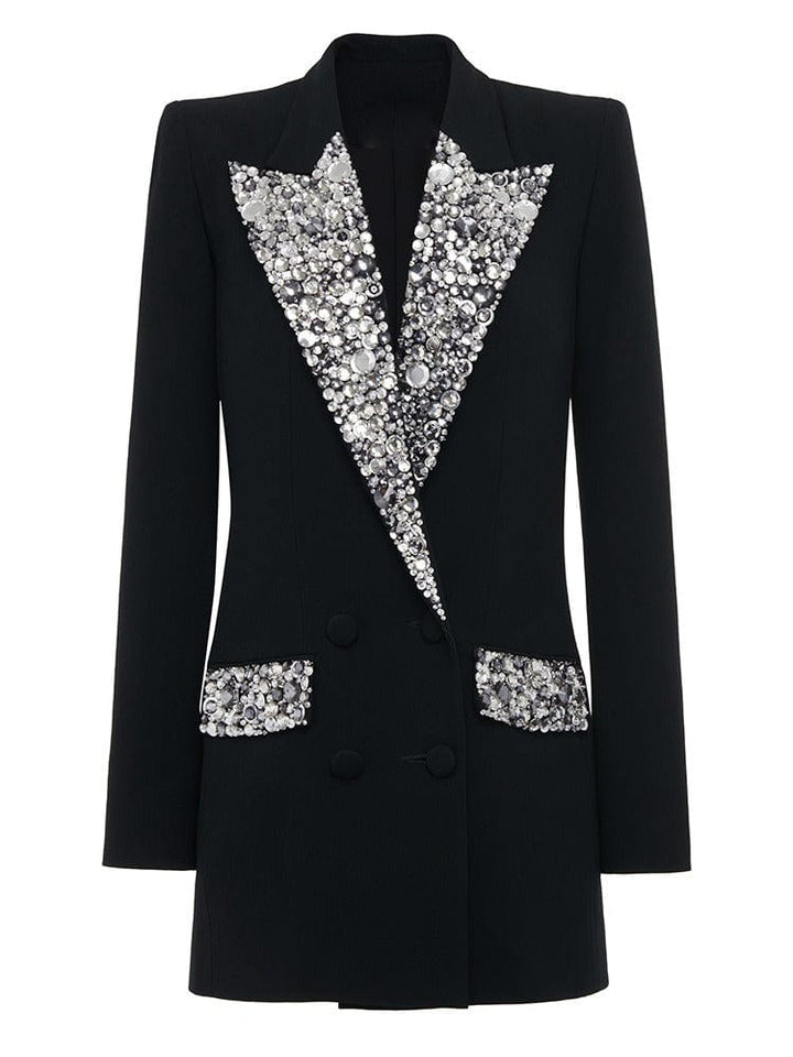 solovedress Women's Black Mid-Length Slim Fit Blazer with Rhinestone Embellishment