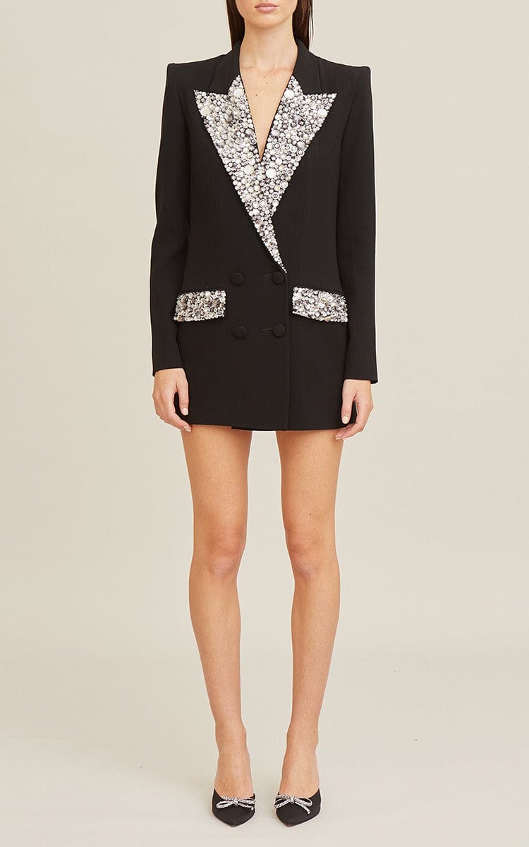 solovedress Women's Black Mid-Length Slim Fit Blazer with Rhinestone Embellishment