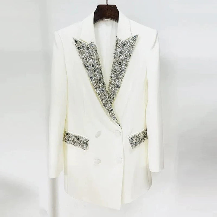 solovedress Women's Black Mid-Length Slim Fit Blazer with Rhinestone Embellishment