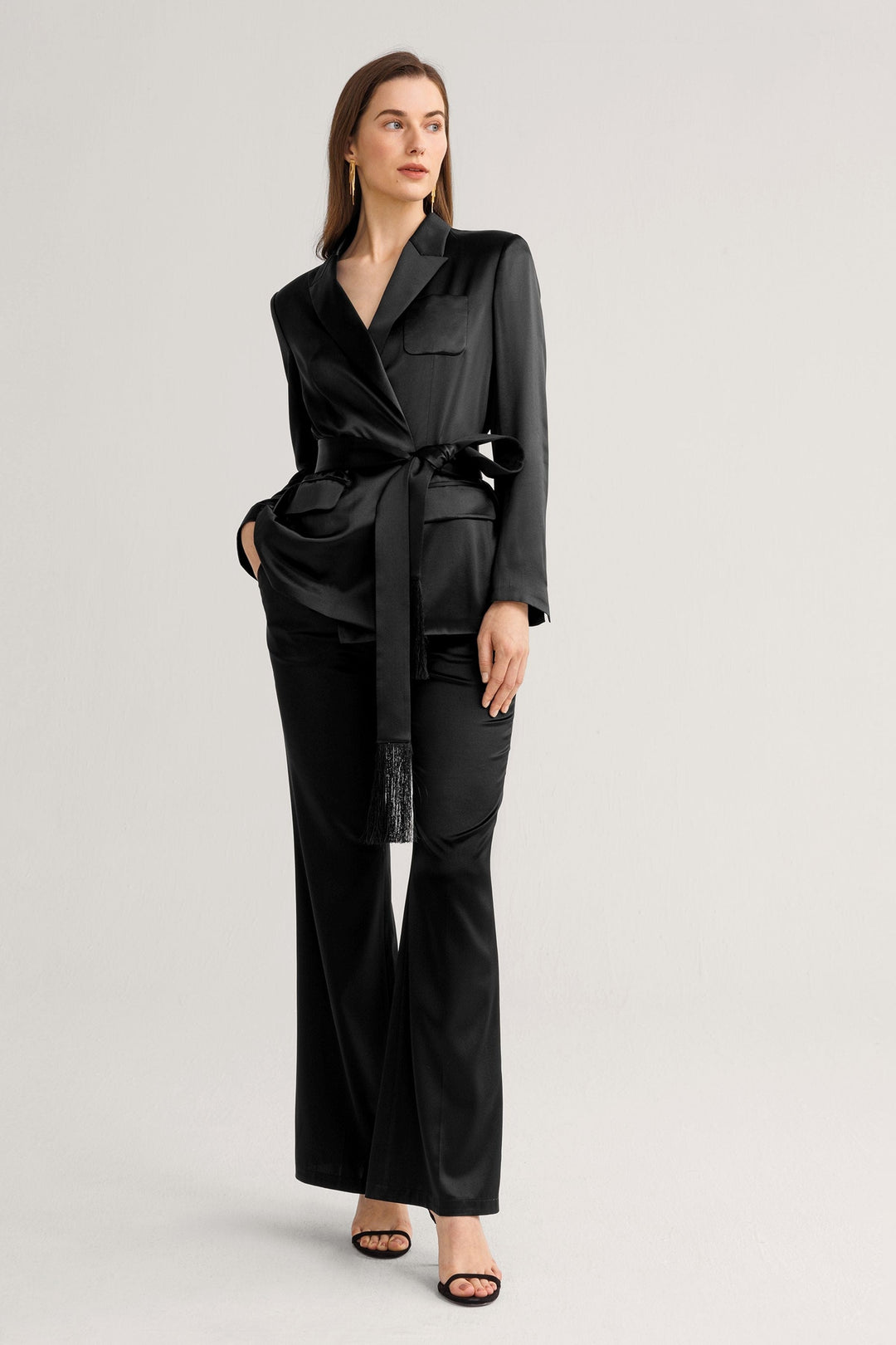 solovedress Women’s Black Satin 2 Piece Suit with Belted Waist (Blazer + Pants)